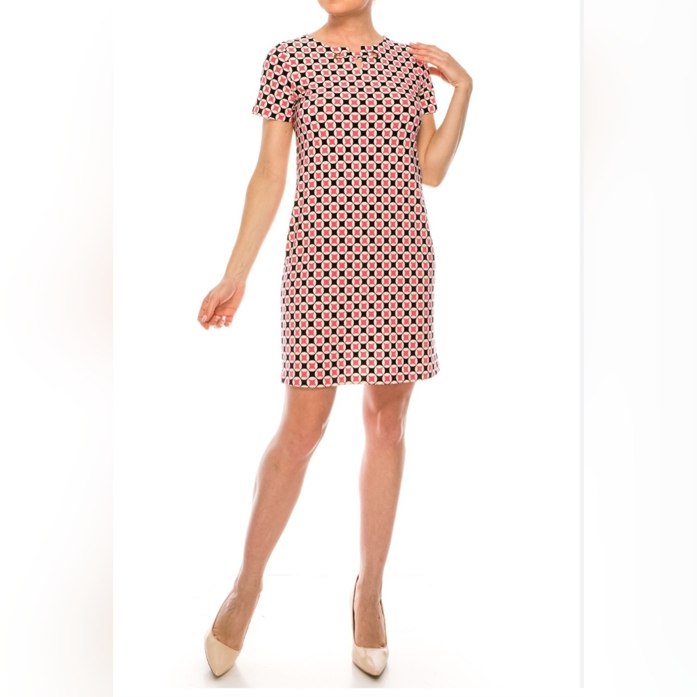 Anne Klein Geometric Print Shift Dress Size L Pink White and Black